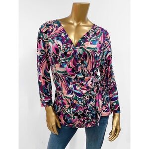 Jaclyn Smith Collection Women's Multicolor Printed Wrap Blouse Top Size M